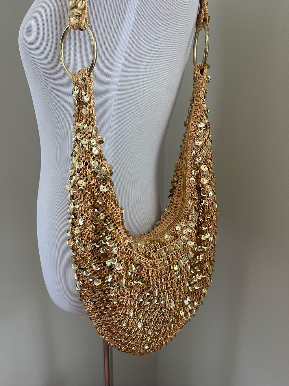 Fashion Express Gold Sequin Crochet Hobo Shoulder Bag Y2K - Picture 16 of 16